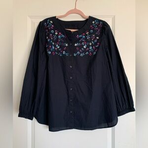 Navy Blue Floral Sequin Cotton Blouse